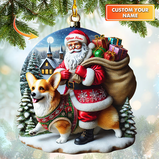 Custom Name Santa Claus Riding Corgi Christmas Ornament, Home Decor Gift For Dog Lovers