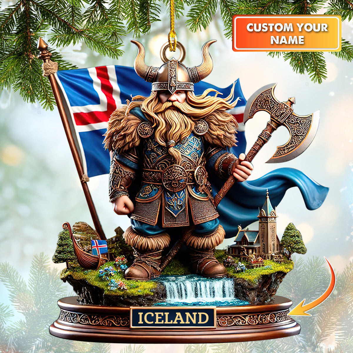 Custom Name Iceland Viking Warrior Ornament, Home Decor Gift For Iceland Lovers