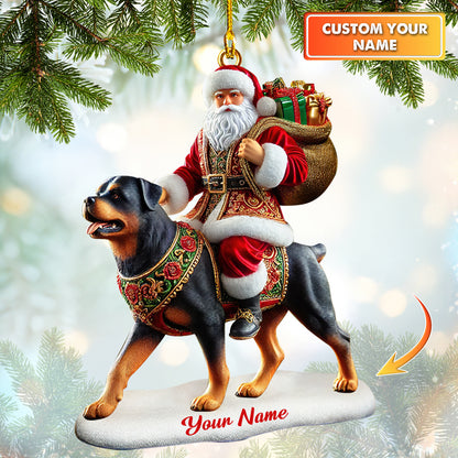 Custom Name Santa Claus Riding Rottweiler Christmas Ornament, Home Decor Gift For Dog Lovers