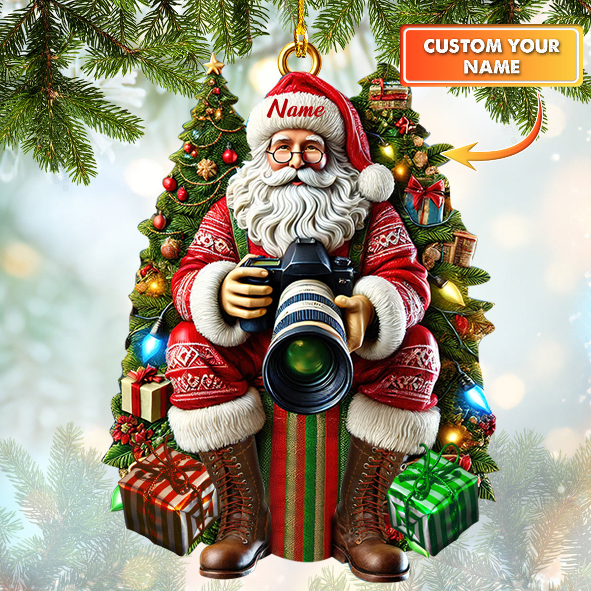 Custom Christmas Ornament - Santa Claus with Camera - Personalized Holiday Gift for Photography Lovers