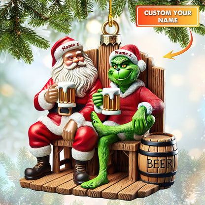 Personalized Santa and Grinch Beer Ornament – Custom Holiday Cheers Decoration