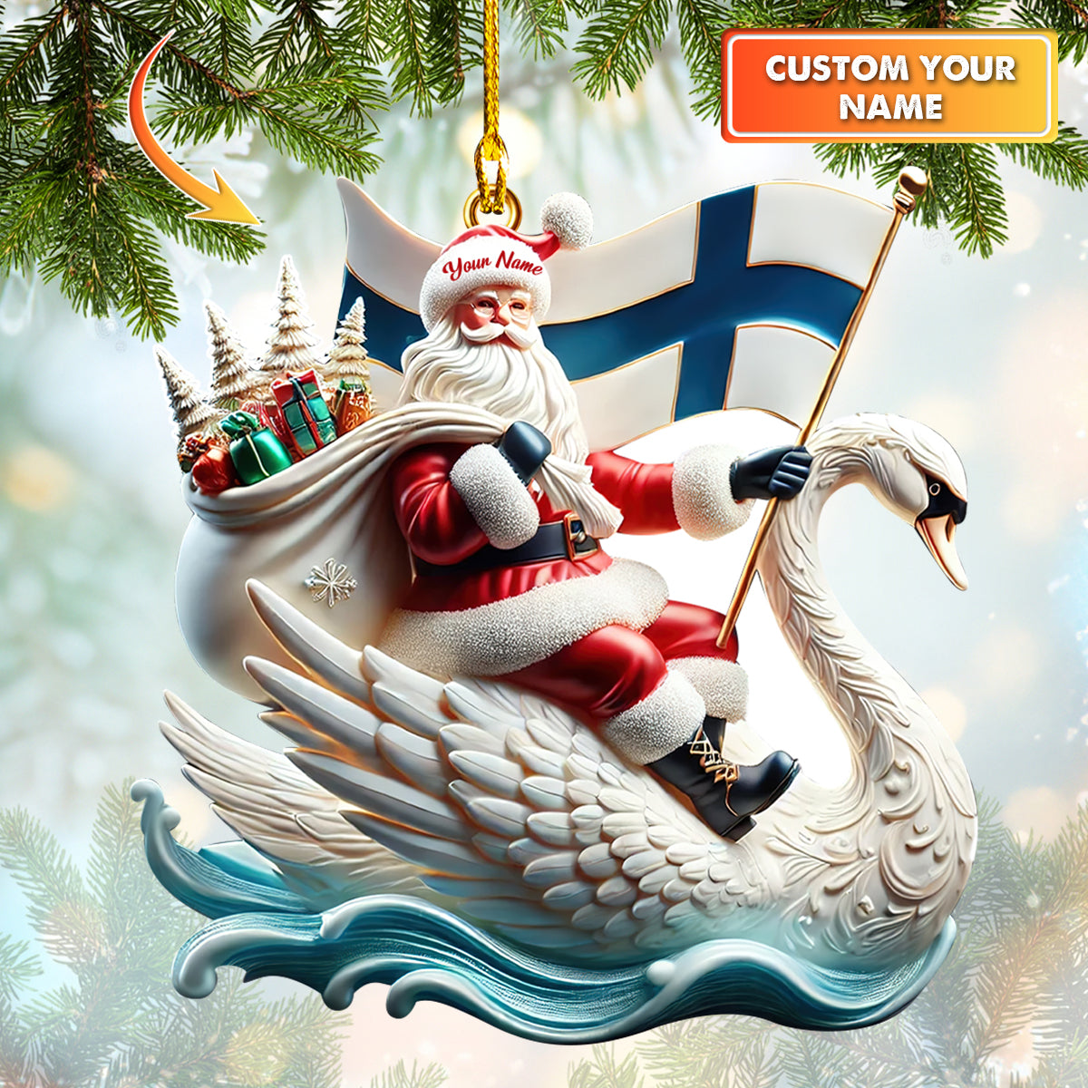 Santa Claus Ride Swan With Finland Flag Ornament Custom Name Christmas Home Decor Gift For Finland Lovers