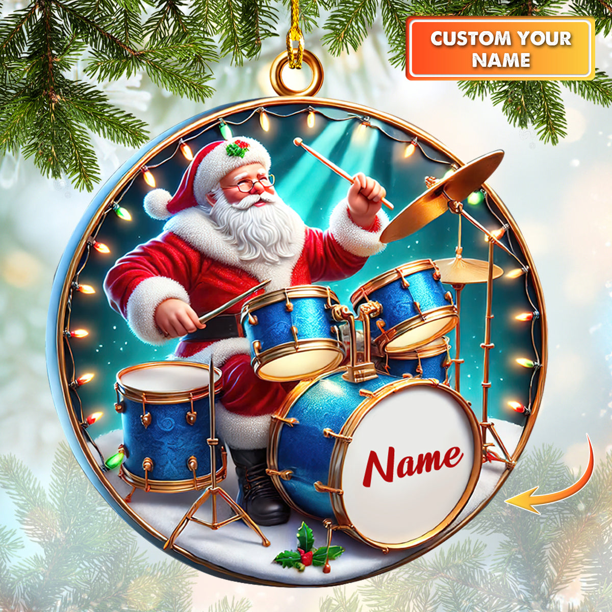 Personalized Drummer Santa Christmas Ornament - Custom Name Holiday Décor Gift