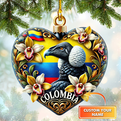 Ornament Custom Name Colombia Heart With Andean Condor, Home Decor Gift For Colombia Lovers