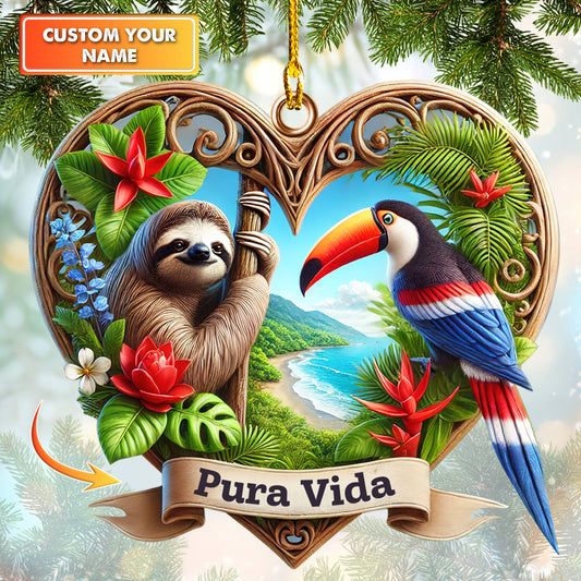 Pura Vida Ornament Custom Name Costa Rica Heart, Home Decor Gift For Colombia Lovers