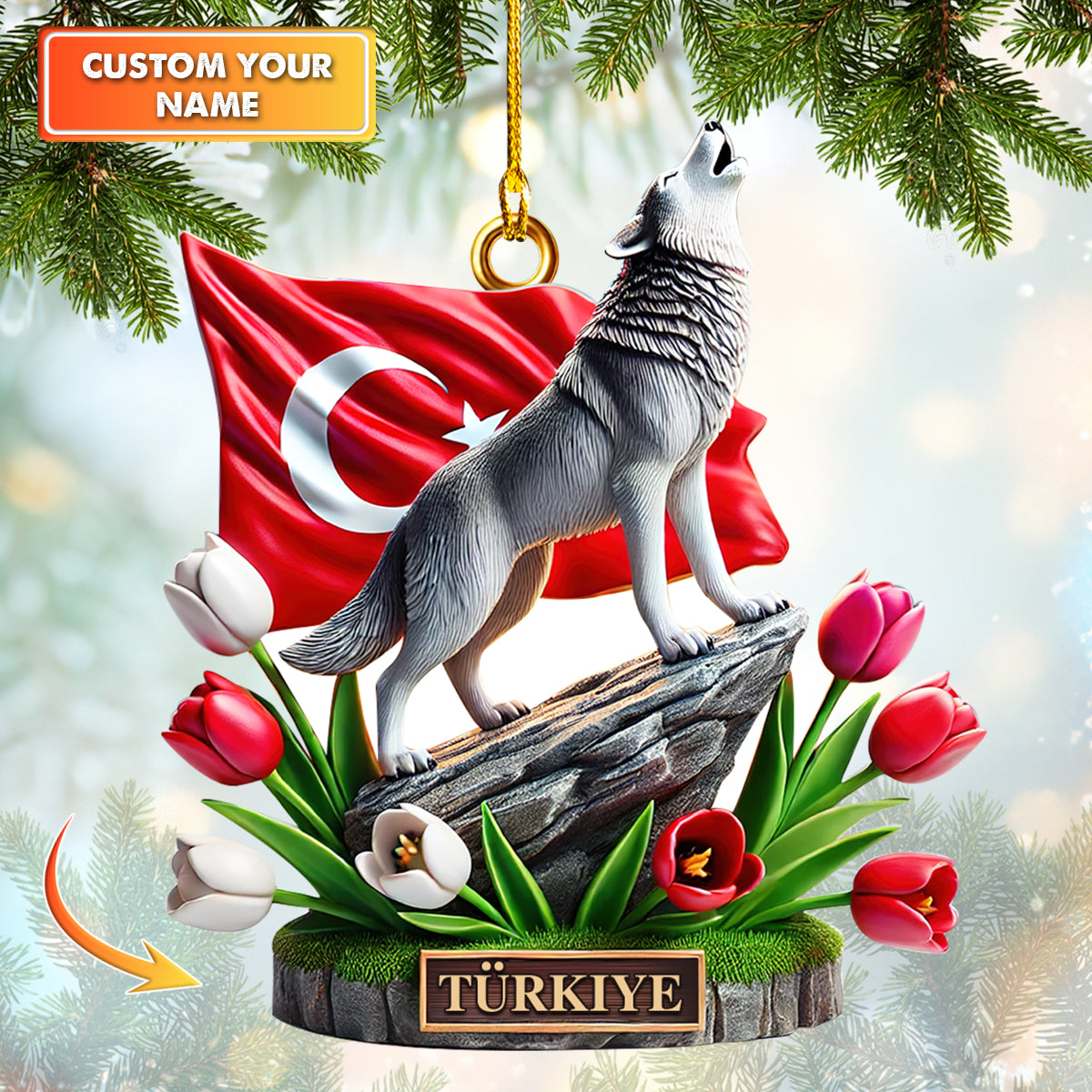 Custom Turkish Wolf Ornament - Personalized Gift with Tulips and National Flag - Unique Home Decoration