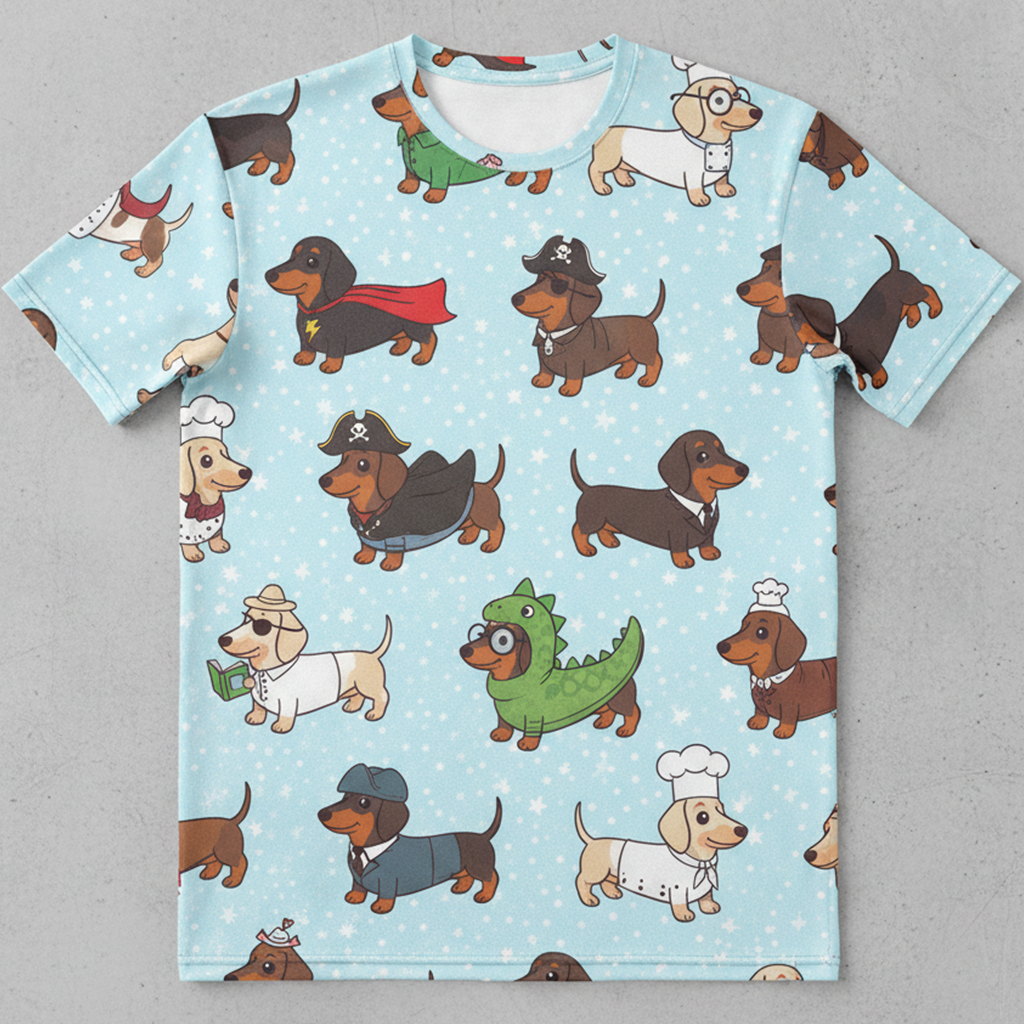 Dachshund Costume Party AOP T-Shirt - Cute Wiener Dogs Dressed as Chef, Pirate & Dino - Unique Dog Lover Gift