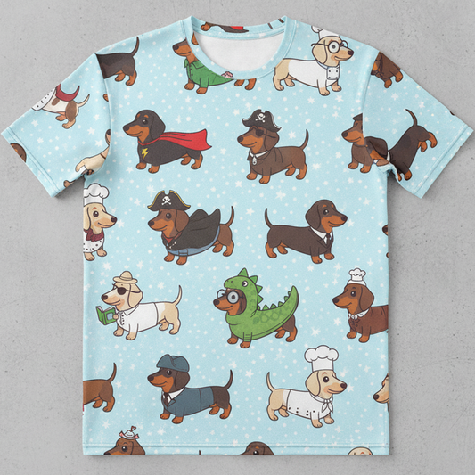 Dachshund Costume Party AOP T-Shirt - Cute Wiener Dogs Dressed as Chef, Pirate & Dino - Unique Dog Lover Gift