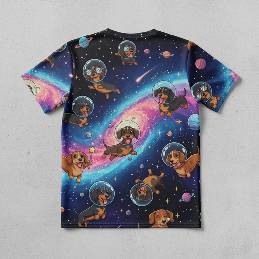 Dachshund Astronaut AOP T-Shirt - Galaxy Wiener Dog Space Adventure - Bestseller Design
