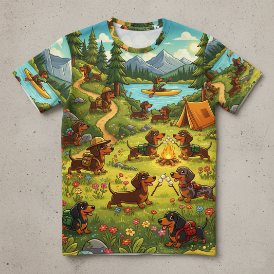 Dachshund Camping Adventure AOP T-Shirt - Wiener Dogs Hiking & Kayaking in the Mountains - Nature Lover Gift