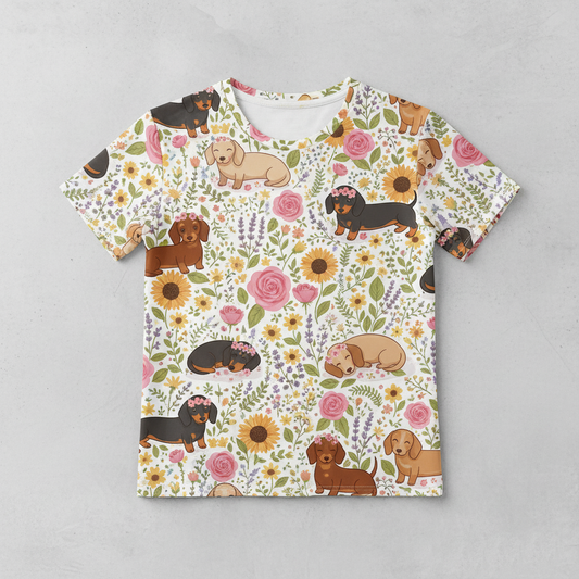 Dachshund Floral AOP T-Shirt - Cute Wiener Dogs & Summer Sunflower Rose Pattern