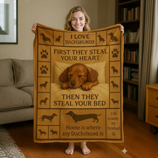 Dachshund Fleece Blanket - "First They Steal Your Heart Then Your Bed" Puppy Design