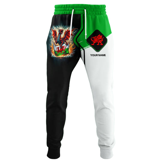 Pantalon de jogging personnalisé avec nom personnalisé en 3D, motif dragon rouge et drapeau du Pays de Galles, cadeau pour les amoureux du Pays de Galles