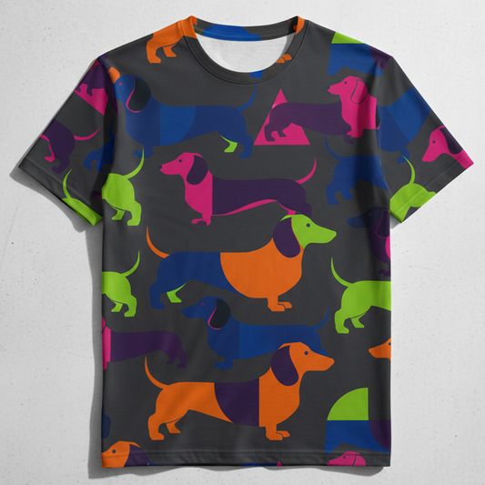 Geometric Dachshund AOP T-Shirt - Abstract Color Block Wiener Dog Pattern - Modern Art Doxie Tee