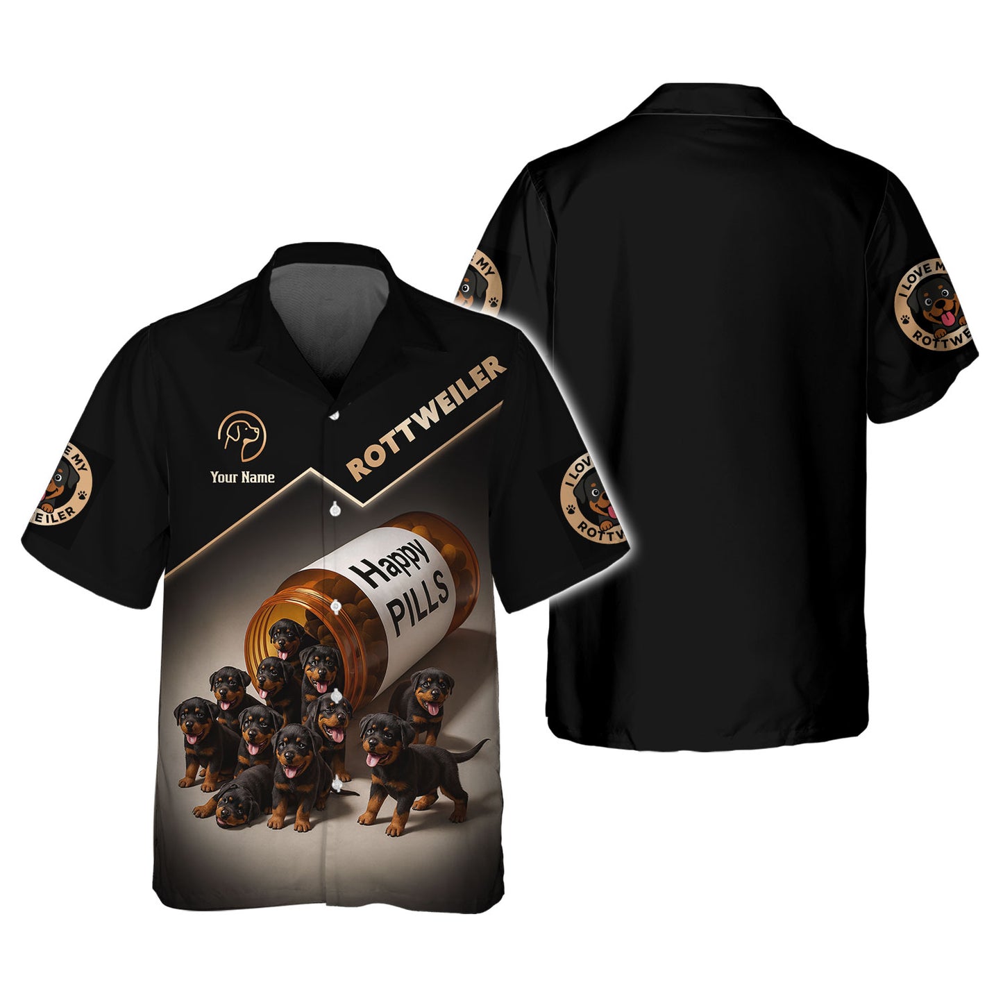 Personalized Rottweiler Puppies Happy Pills AOP T-Shirt