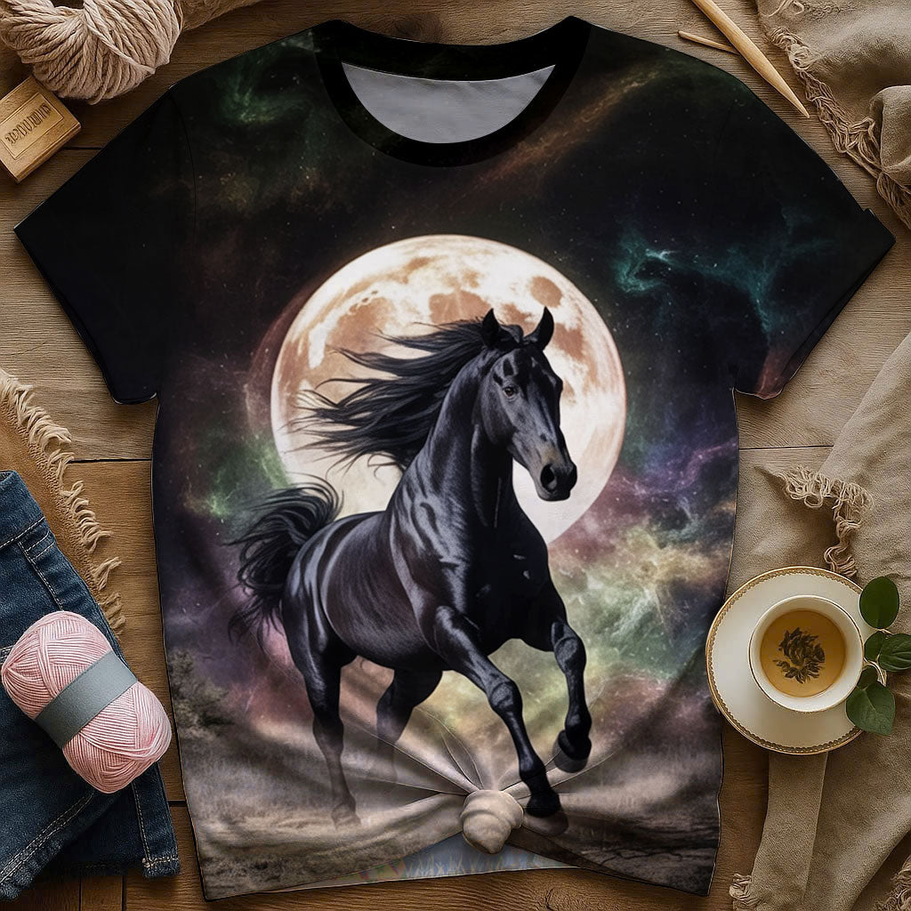 Black Horse T-Shirt - Majestic Midnight Run Under Full Moon