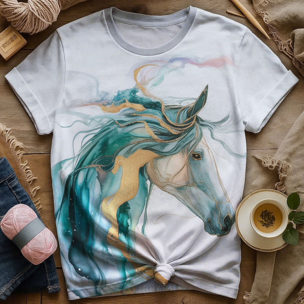 Artistic Horse T-Shirt - Teal & Gold Watercolor Style for Equestrian Lovers