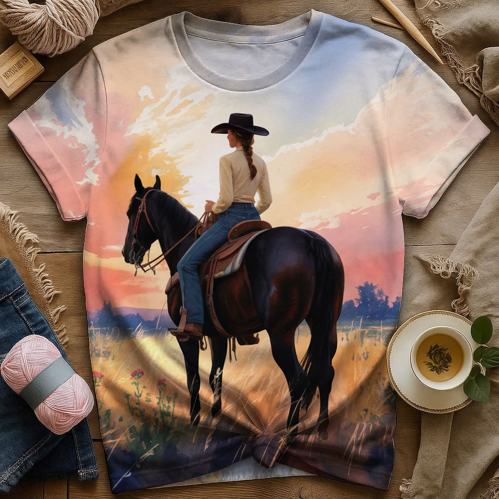 Horse T-Shirt - Cowgirl Riding at Sunset in Wheat Field