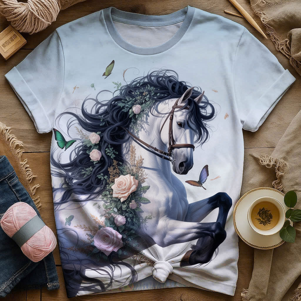 Horse T-Shirt - White Stallion with Floral Mane and Butterflies