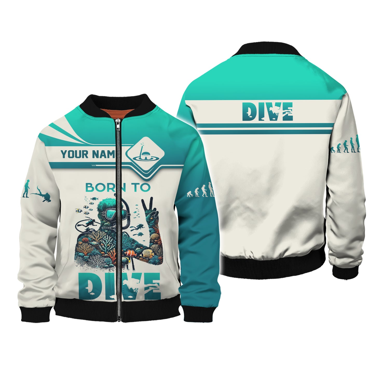 T-shirt personnalisé avec nom de plongée en 3D Born To Dive Cadeau personnalisé pour les amateurs de plongée