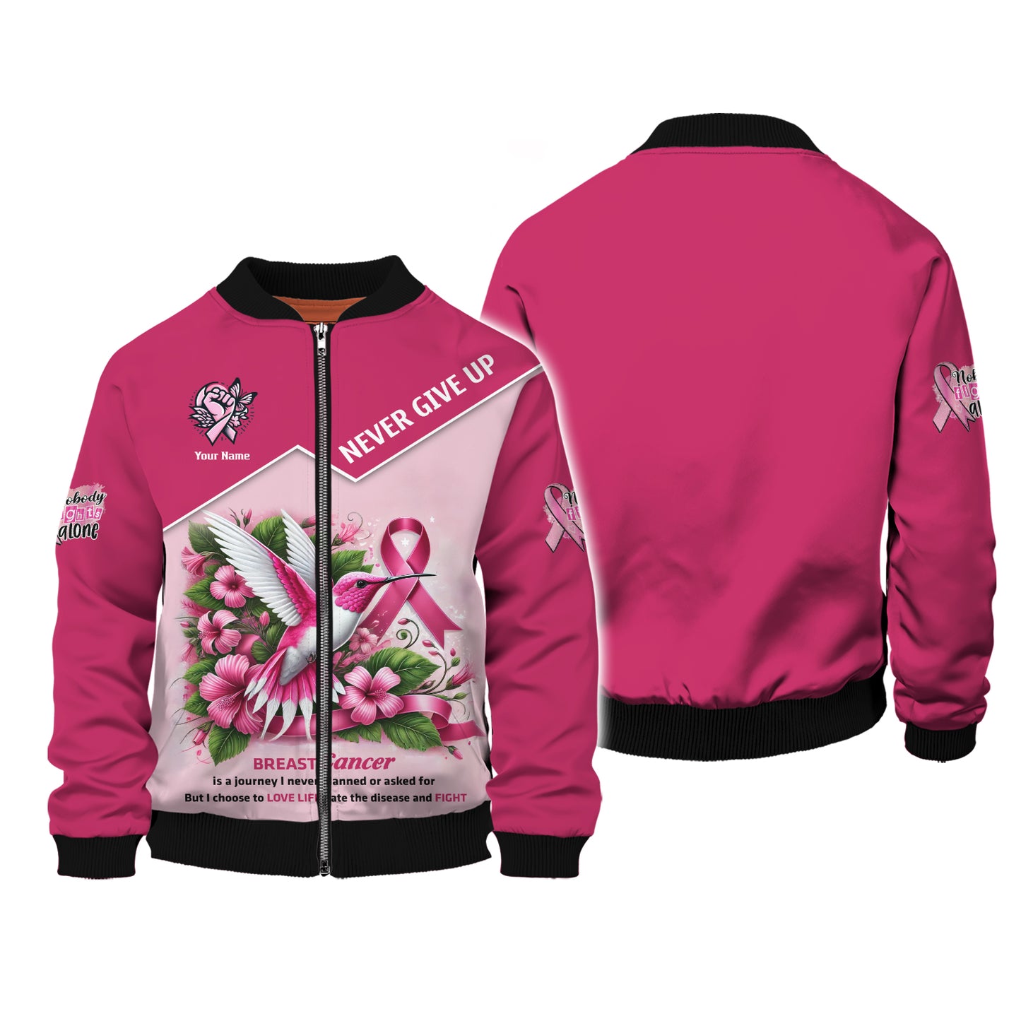 Sudadera con capucha y cremallera con nombre personalizado para concienciar sobre el cáncer de mama. Nunca te rindas. Regalo para sobrevivientes de cáncer