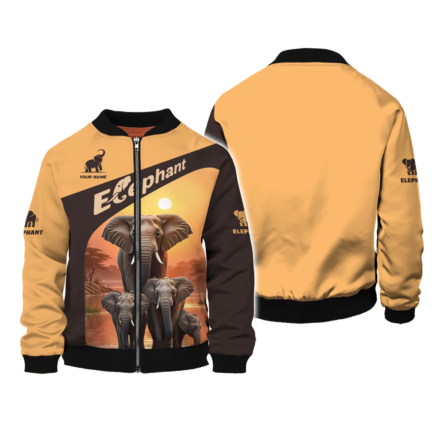 3D Full Print Sunset Elephant Zipper Hoodie Personalized Name Gift For Elephant Lovers