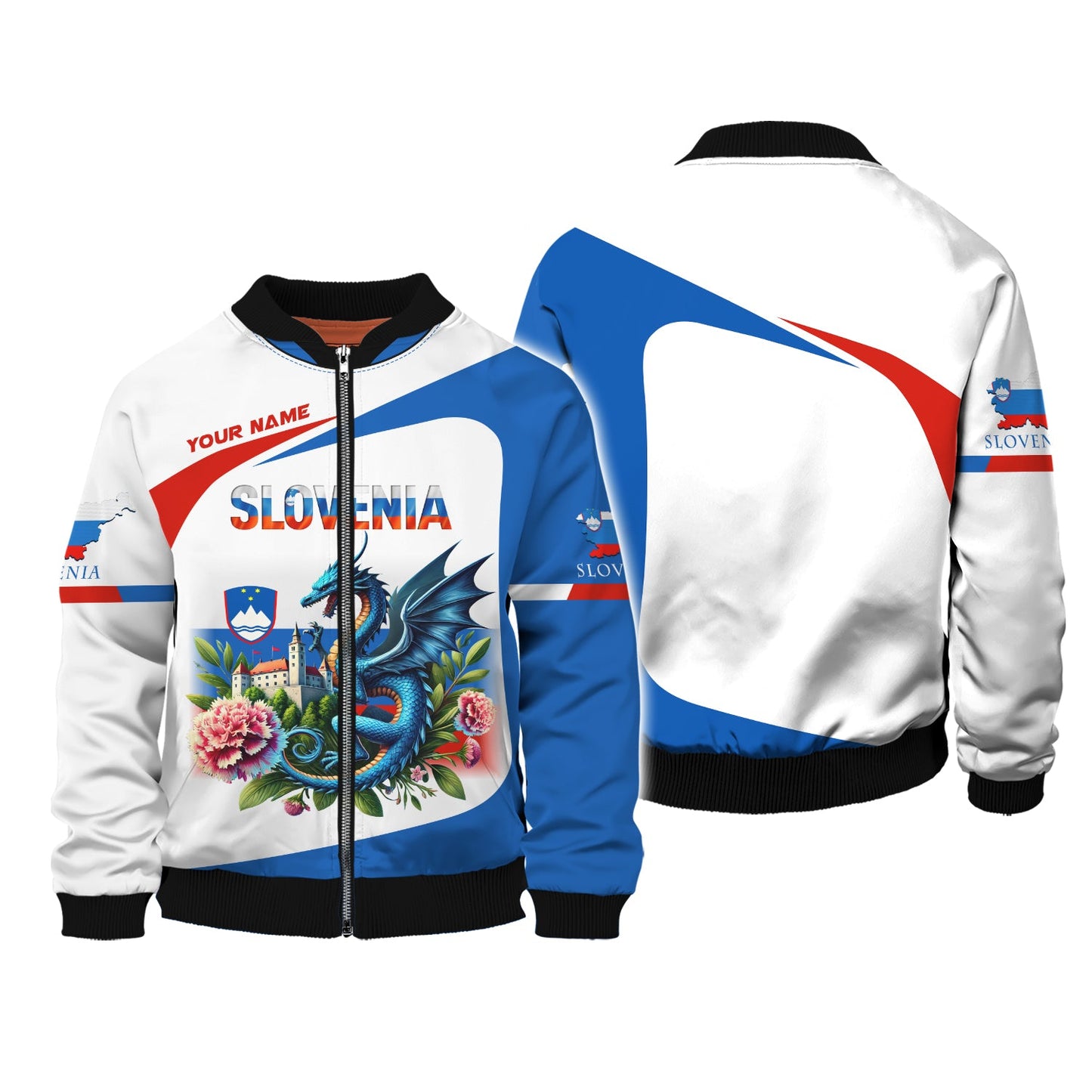 3D Full Print Dragon With Carnations Of Slovenia Zipper Hoodie Personalized Name Gift For Slovenian Lovers