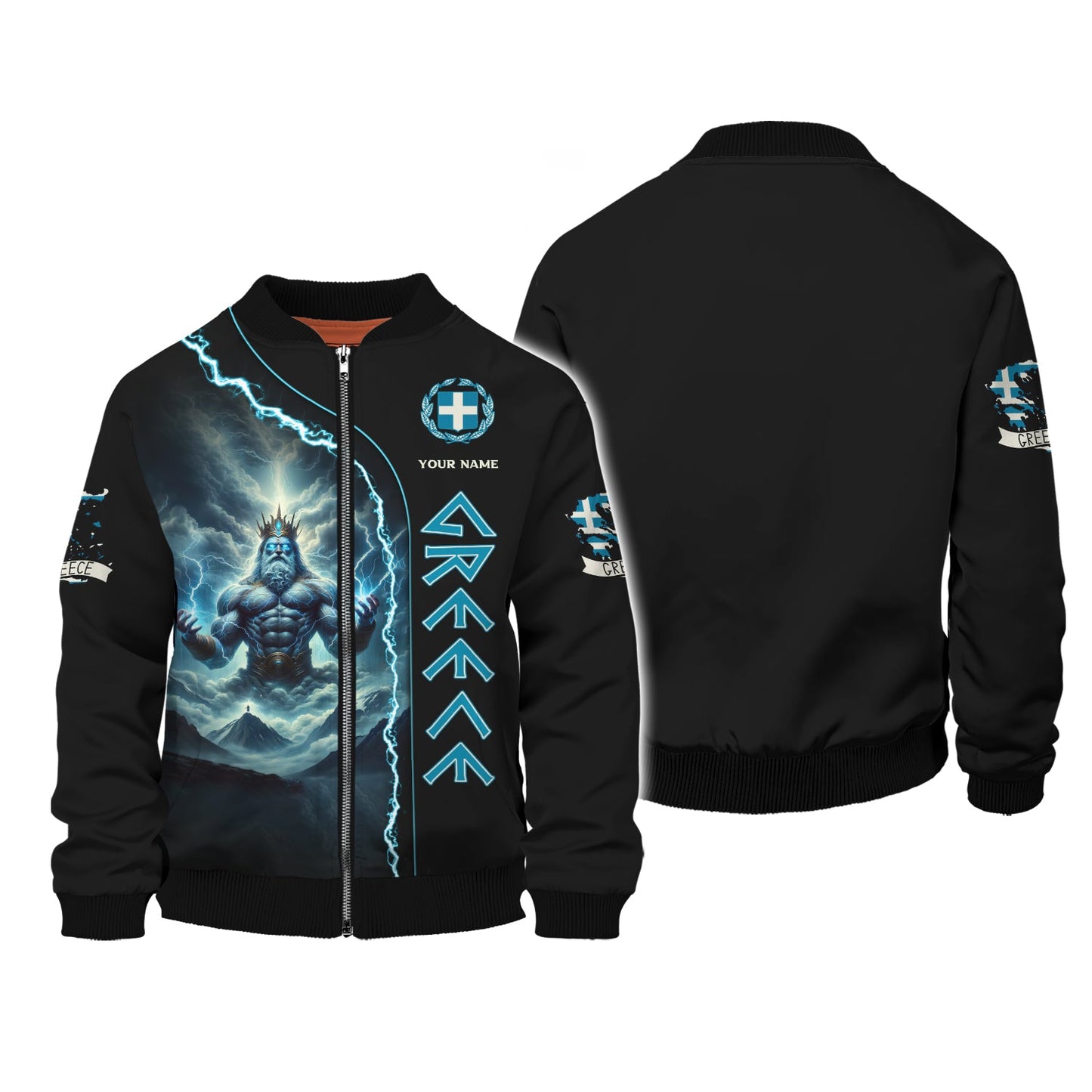 Sudadera con capucha y cremallera 3D con nombre personalizado de Zeus Grecia, regalo personalizado para los amantes de Grecia