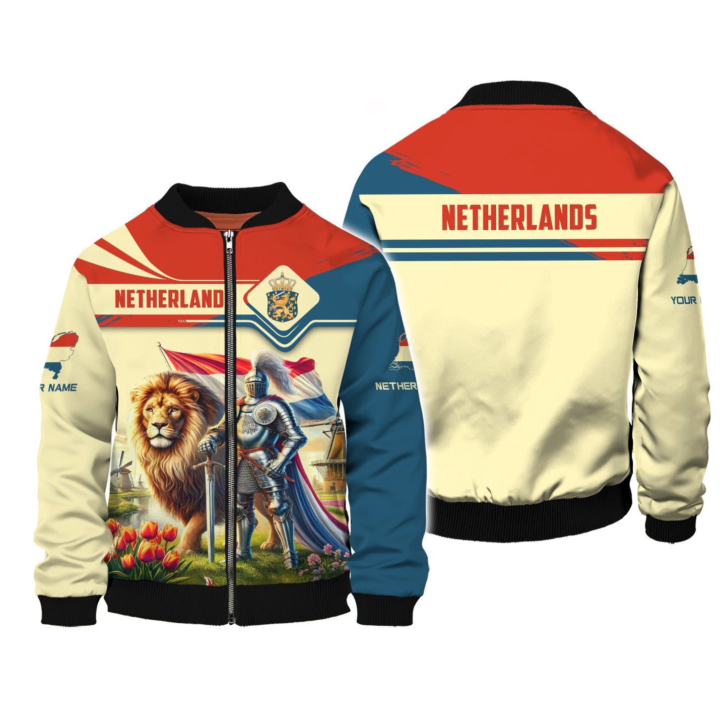 Sudadera con capucha y cremallera 3D con nombre personalizado de caballero holandés con león, regalo personalizado para amantes de los Países Bajos