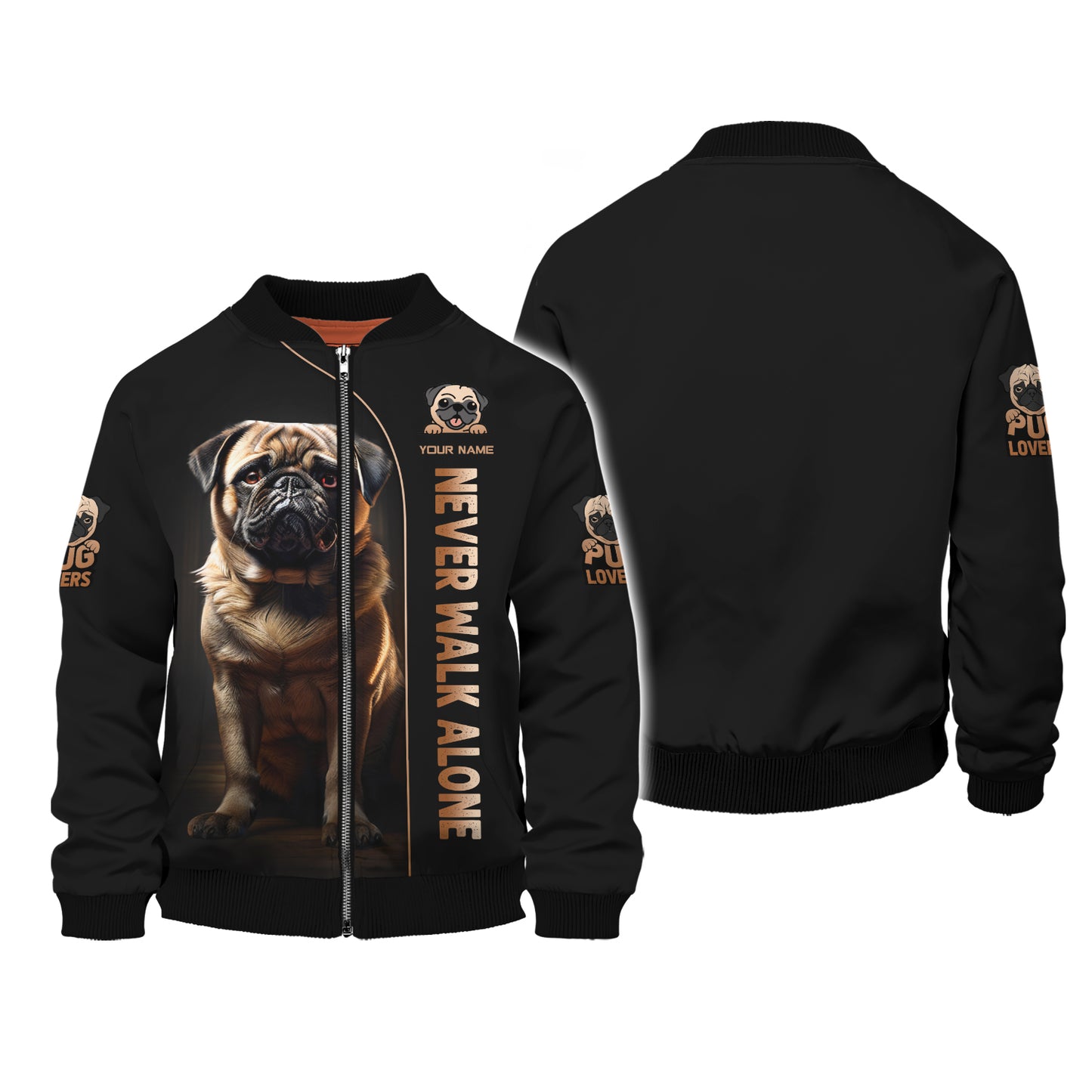 Sweat à capuche zippé avec nom personnalisé pour chien carlin, cadeau pour les amoureux des chiens, ne marchez jamais seul, chemises 3D