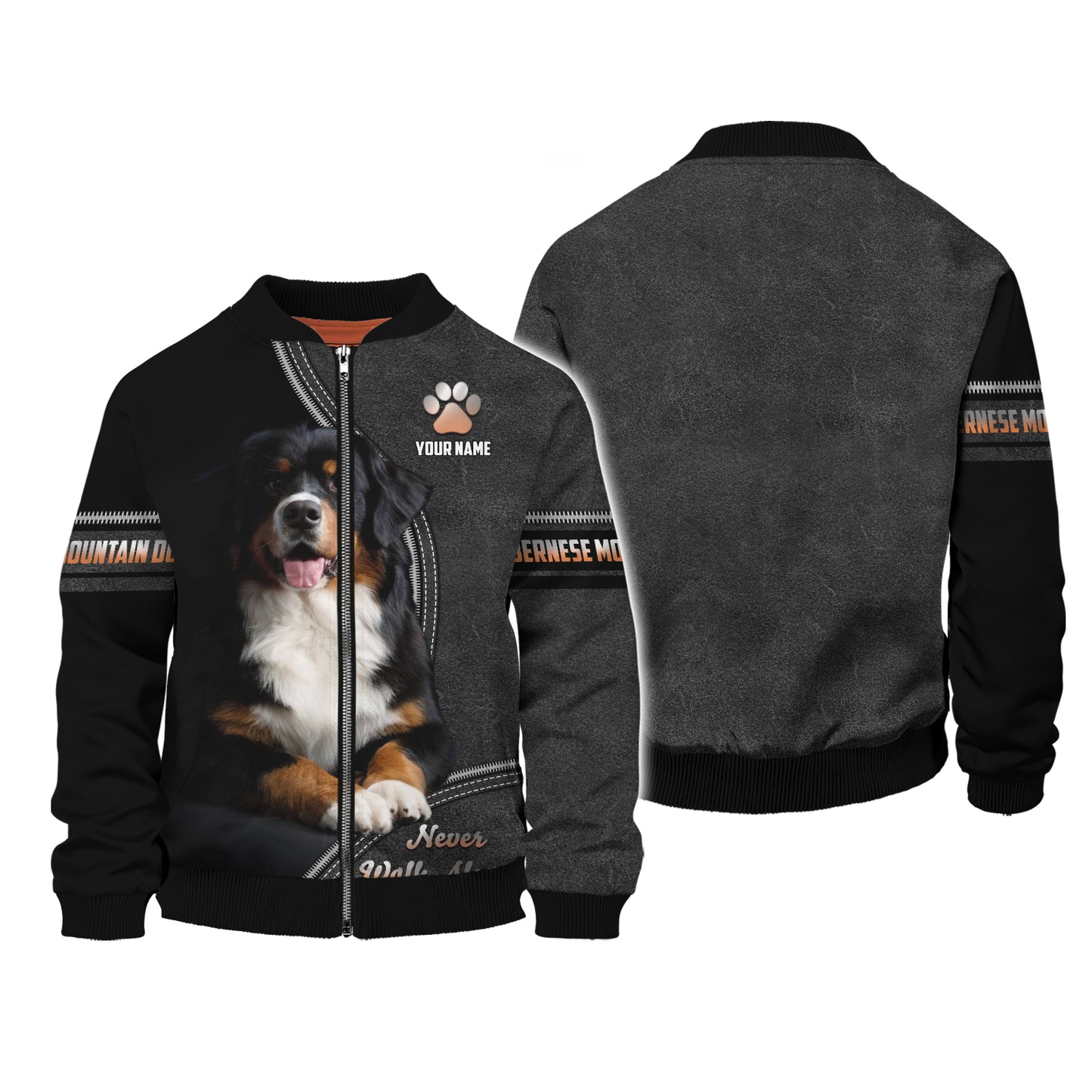 Bernese Mountain Custom Name Zipper Hoodie Never Walk Alone Gift For Dog Lover 3D Shirts