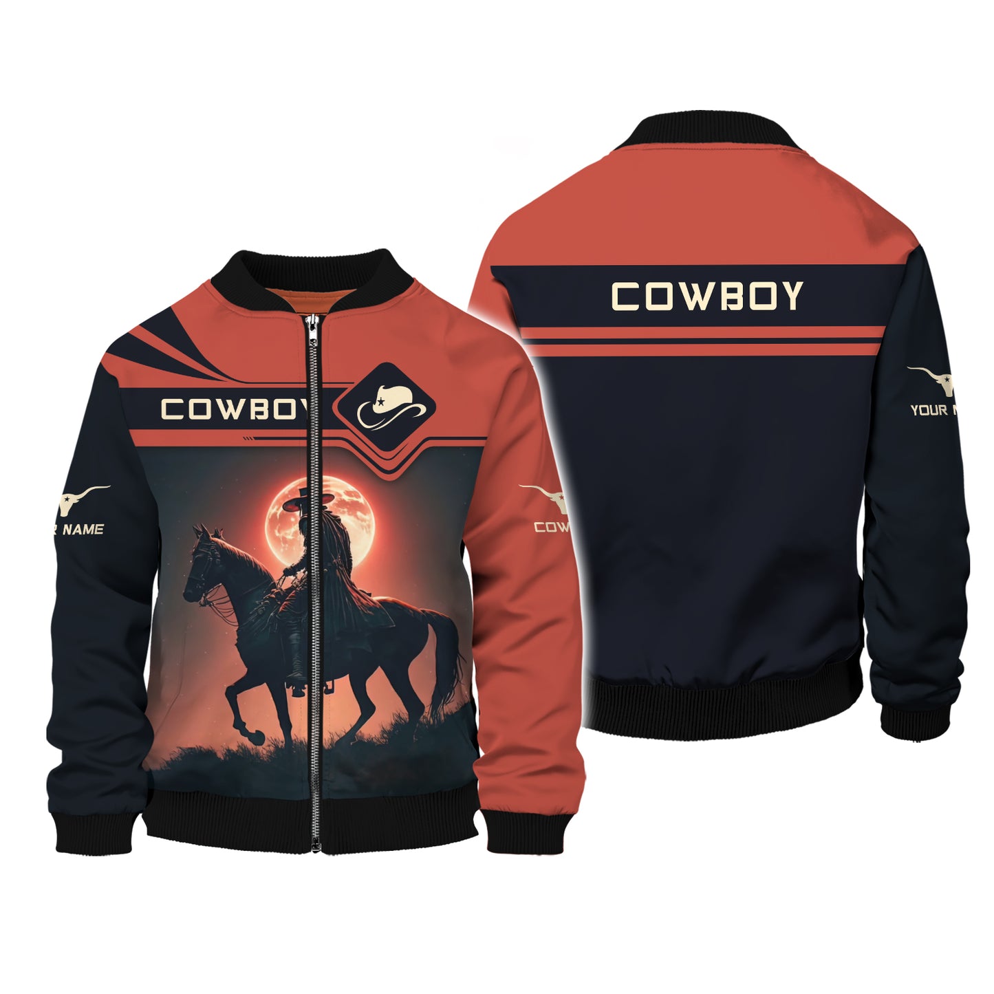 3D Full Print Cowboy With Red Moon Zipper Hoodie Personalized Name Gift For Cowboy Lovers