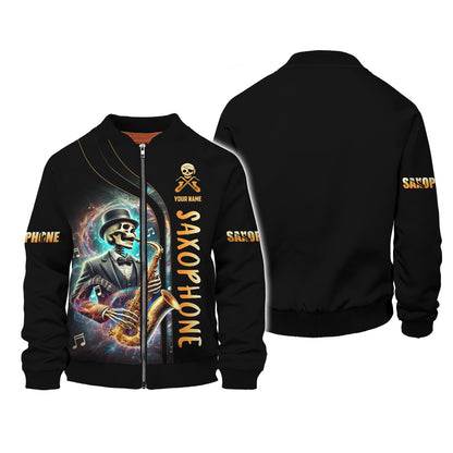 Camisetas personalizadas con diseño de esqueleto de artista tocando el saxofón Camiseta 3D de saxofón Regalo para amantes del saxofón