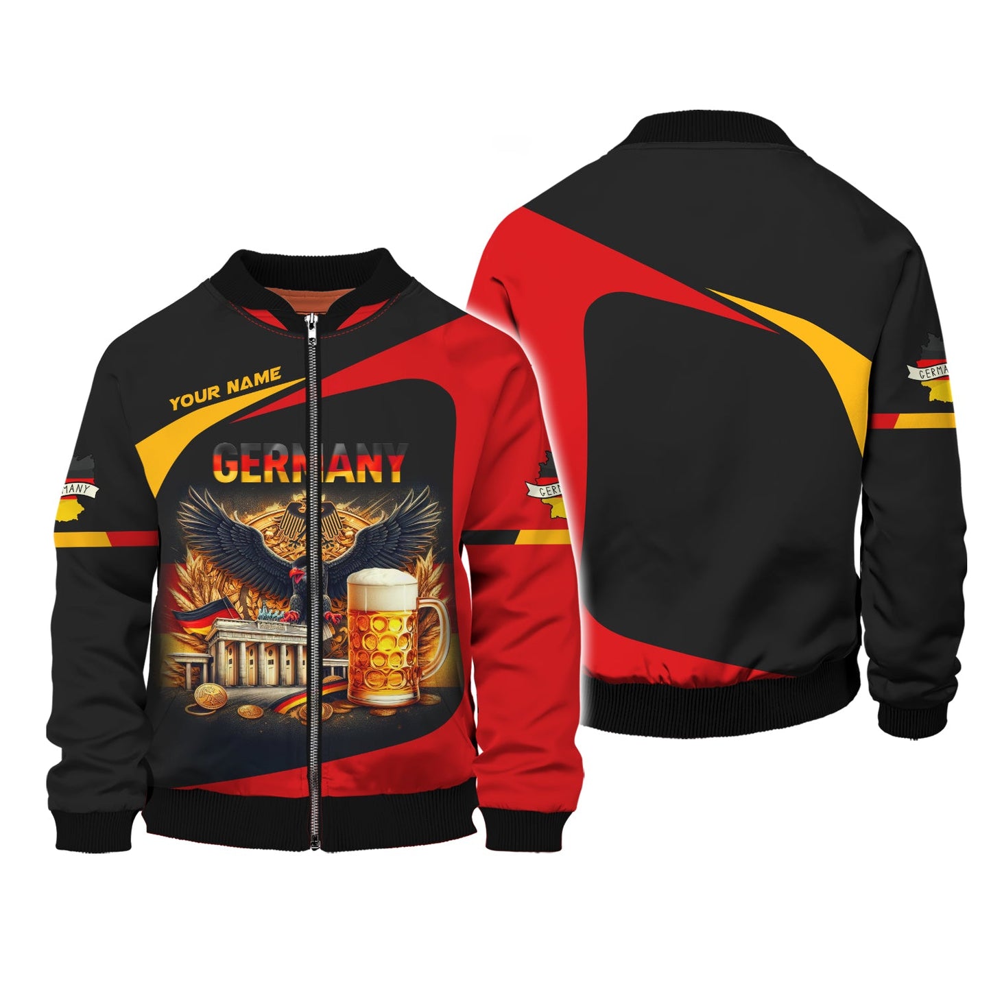 Aigle avec bière Allemagne Nom personnalisé Sweat à capuche zippé Cadeau personnalisé pour les amoureux de l'Allemagne