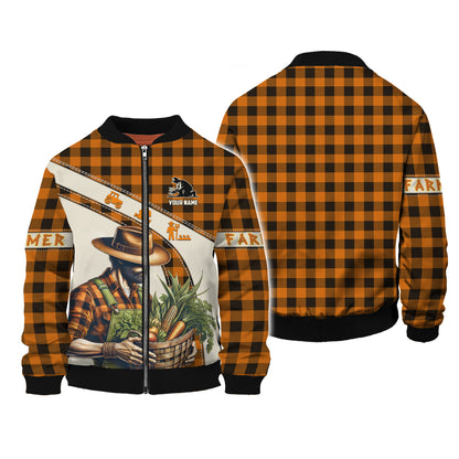 Sudadera con capucha y cremallera con estampado 3D completo de "El granjero con cesta de verduras", regalo personalizado con nombre para amantes de los agricultores