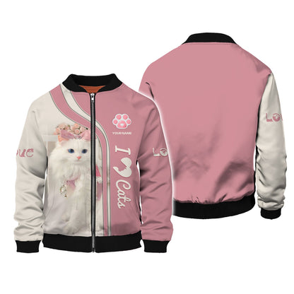 Sudadera con capucha y cremallera con estampado 3D completo de gato lindo, regalo con nombre personalizado para amantes de los gatos