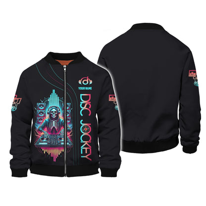 Sudadera con capucha y cremallera con esqueleto de DJ con impresión 3D completa, regalo con nombre personalizado para amantes de los disc jockeys