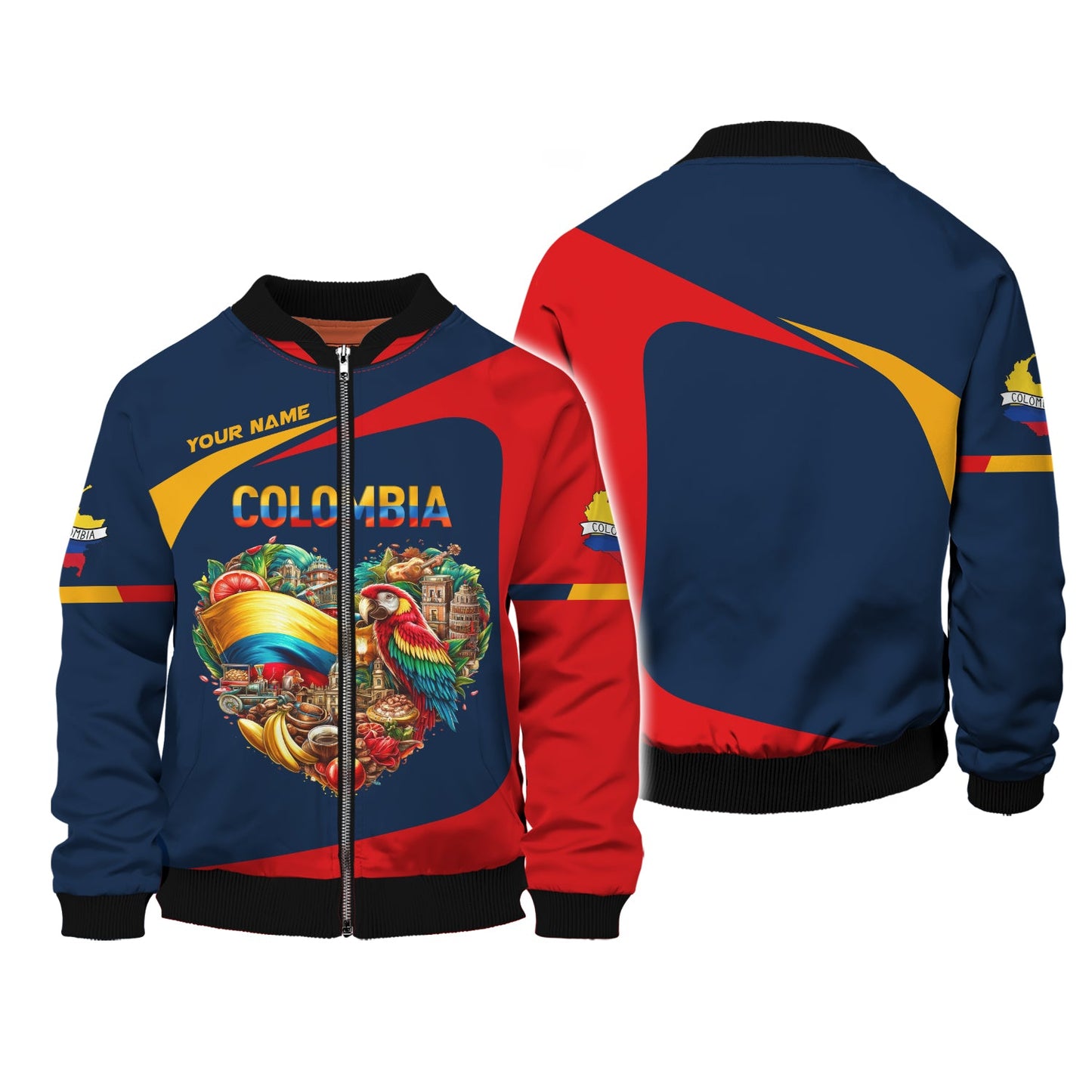 Sudadera con capucha y cremallera con corazón de Colombia, nombre personalizado, camiseta de Colombia, camiseta unisex de Colombia