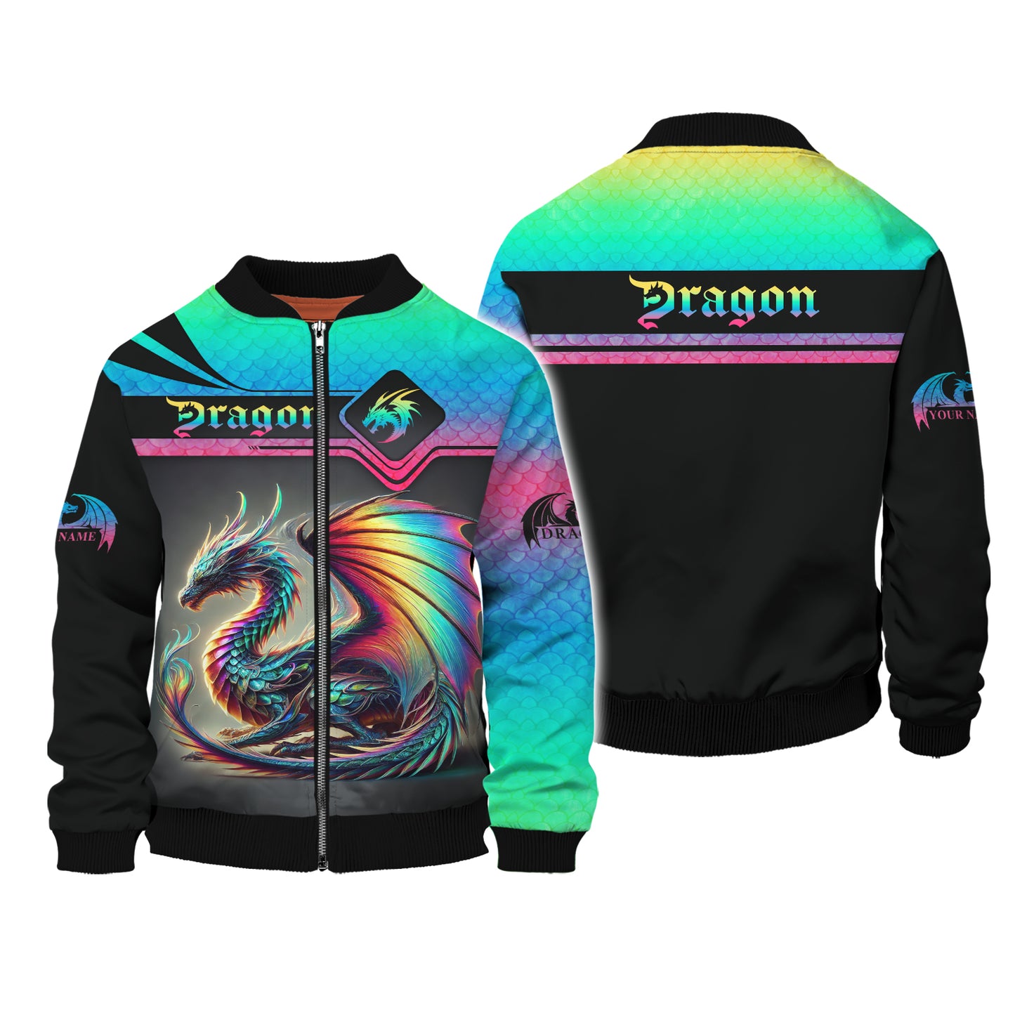 3D Full Print Dragon Neon Zipper Hoodie Personalized Name Gift For Dragon Lovers