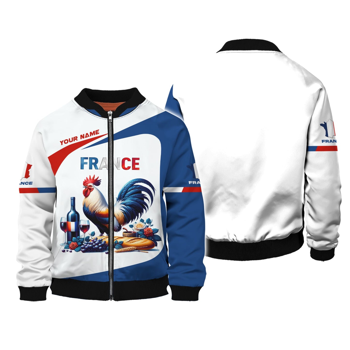 Sweat à capuche zippé 3D avec nom personnalisé Coq France Cadeau personnalisé pour les amoureux de la France