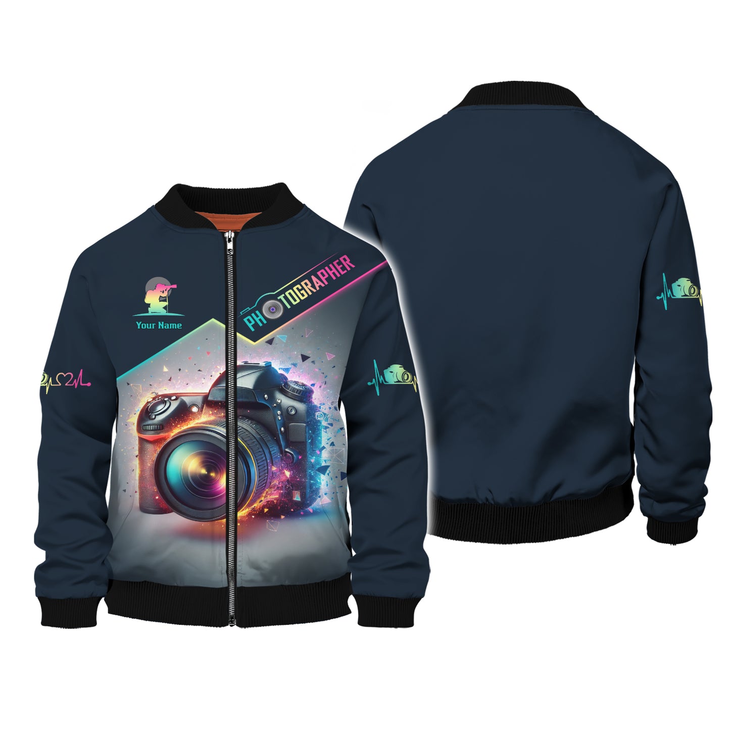 Sudadera con capucha y cremallera con estampado 3D completo y colorido para cámara, regalo personalizado con nombre para amantes de la fotografía