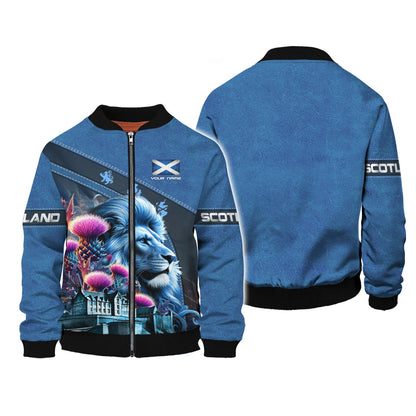 Sudadera con capucha y cremallera 3D con nombre personalizado de El león con cardo de Escocia, regalo personalizado para amantes de los escoceses