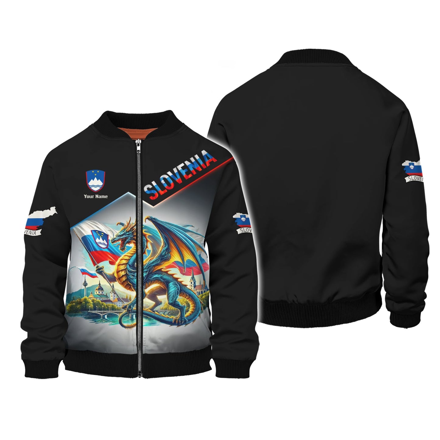 Sudadera con capucha y cremallera con estampado 3D de dragón de Eslovenia, regalo personalizado con nombre para amantes de Eslovenia