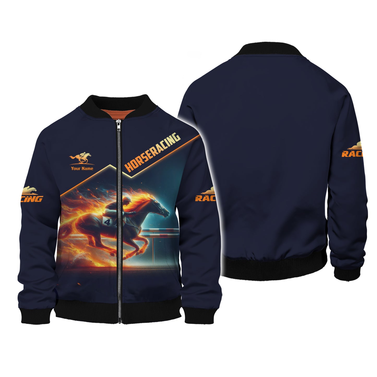 Sweat à capuche zippé avec impression 3D complète et motif de course de chevaux flamboyants, cadeau personnalisé avec nom pour les amateurs de courses de chevaux