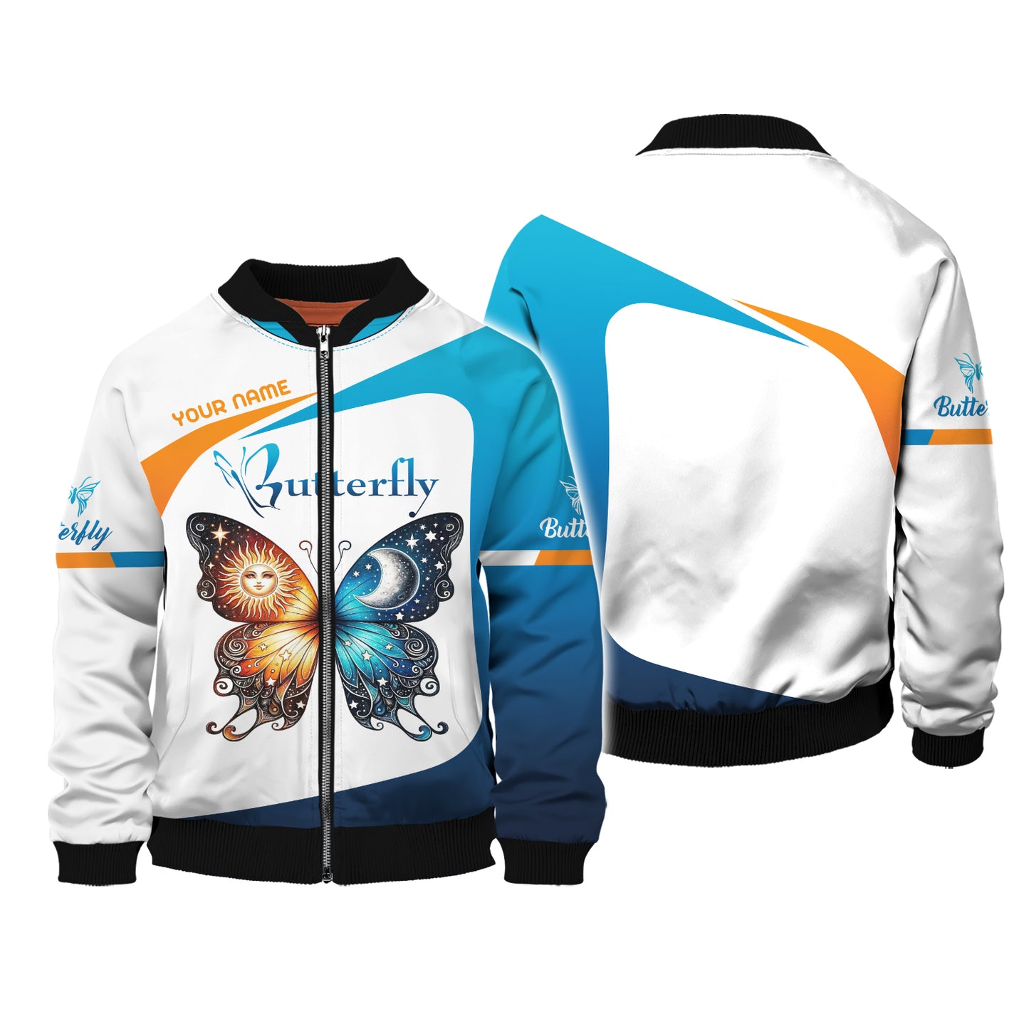 Camiseta con estampado 3D completo de sol y luna combinada en mariposas, regalo con nombre personalizado para amantes de las mariposas