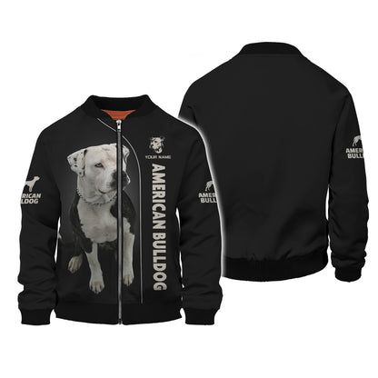 Sweat à capuche zippé avec impression complète en 3D American Bulldog, cadeau personnalisé avec nom pour les amoureux des chiens