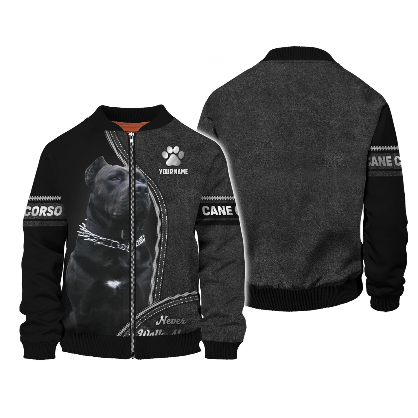 Sweat à capuche zippé avec nom personnalisé Cane Corso Never Walk Alone Cadeau pour les amoureux des chiens Chemises 3D