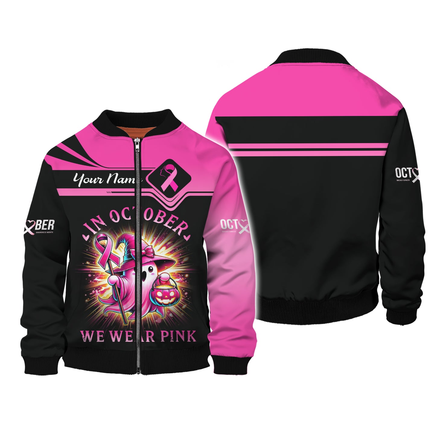 Sudadera con capucha con cremallera y estampado 3D completo "En octubre usamos rosa", regalo personalizado con nombre para supervivientes de cáncer