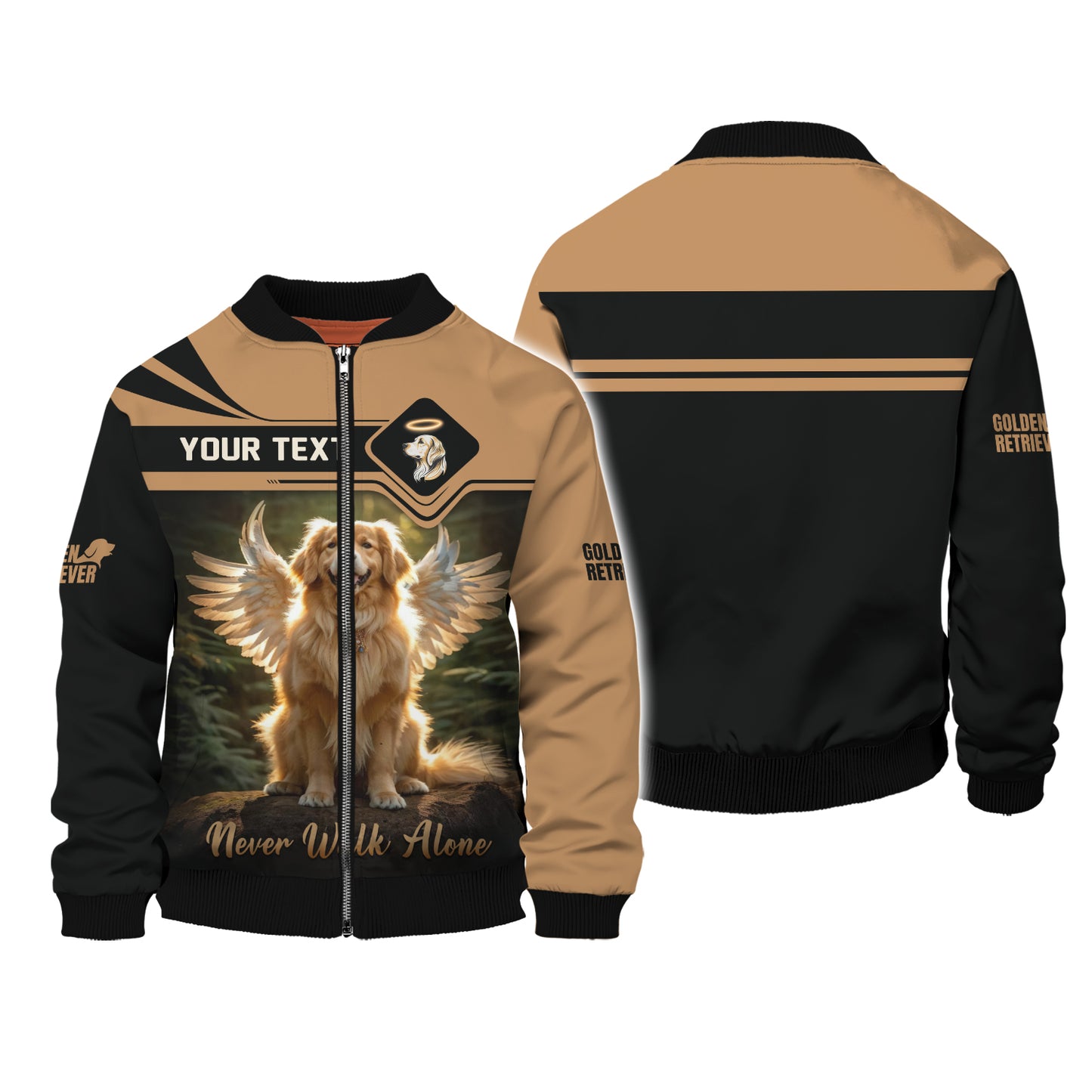 Sudadera con capucha y cremallera 3D con nombre personalizado de Golden Retriever, regalo Never Walk Alone para amantes de los perros