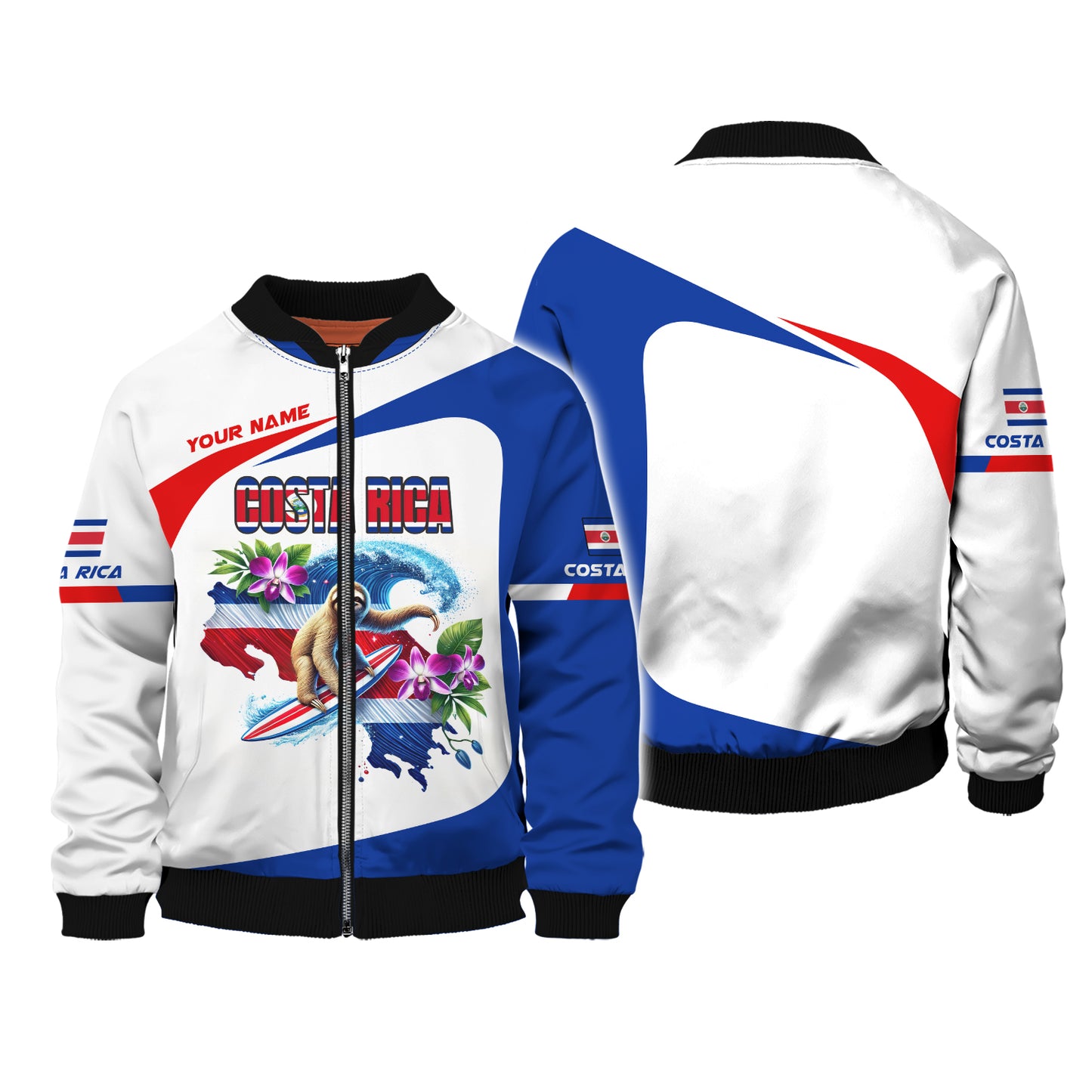 Custom Name 3D T-Shirts Sloth Surfing With Costa Rica Map Shirt Gift For Costa Rica Lovers